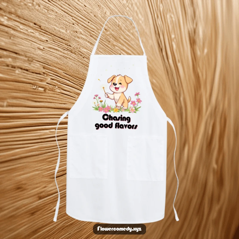 Funny apron depicting a happy puppy character playfully chasing a dandelion seed among flowers, adding charm to the kitchen.