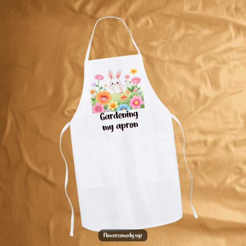 Funny apron depicting a cute bunny character joyfully hopping through a field of large flowers, adding charm to the kitchen.