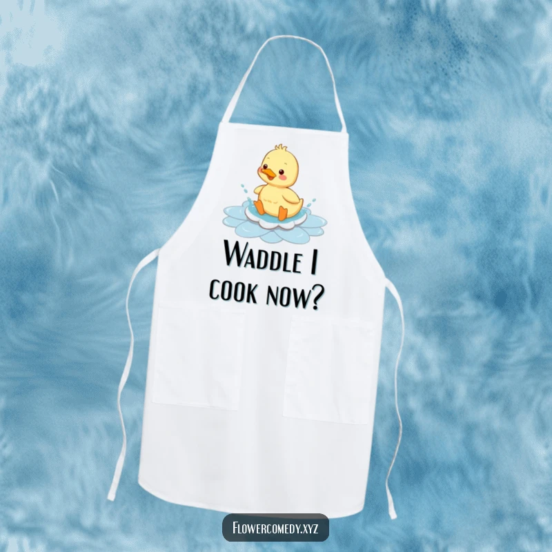 Funny duckling apron, playfully splashing in a flower puddle, adding cheer and whimsy to kitchen tasks, a delightful funny gift.