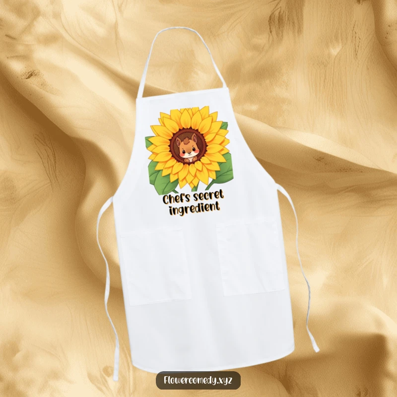 Funny apron depicting a curious squirrel character peering from a giant sunflower, adding charm to the kitchen.