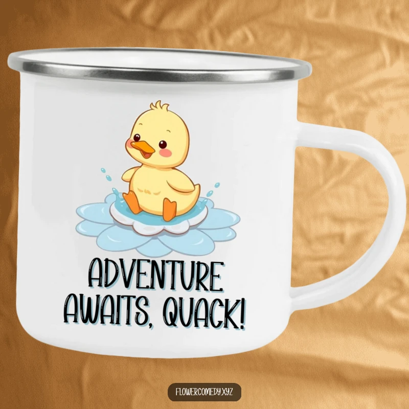 Funny duckling camping mug, joyfully splashing in a flower puddle, bringing cheer to outdoor adventures, a durable funny gift.
