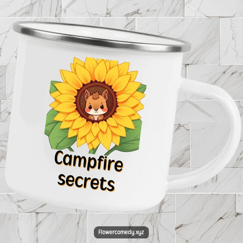 Funny camping mug featuring a curious squirrel character peering from a giant sunflower, perfect for outdoor beverages.
