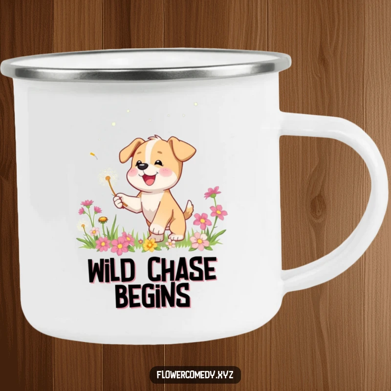 Funny camping mug featuring a happy puppy character playfully chasing a dandelion seed through flowers, perfect for outdoor beverages.