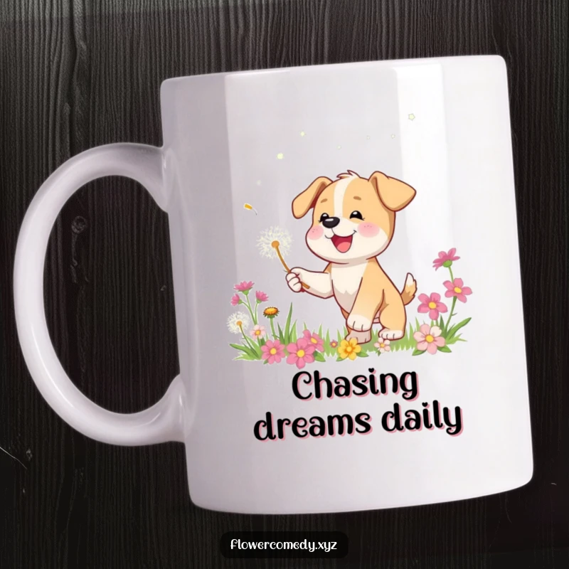 Funny puppy mug featuring a happy puppy character playfully chasing a floating dandelion seed amidst colorful flowers, embodying pure delight.