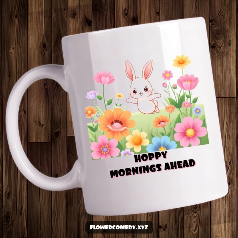 Funny bunny mug featuring a cute bunny character joyfully hopping through a field of oversized, vibrant flowers, embodying happiness.