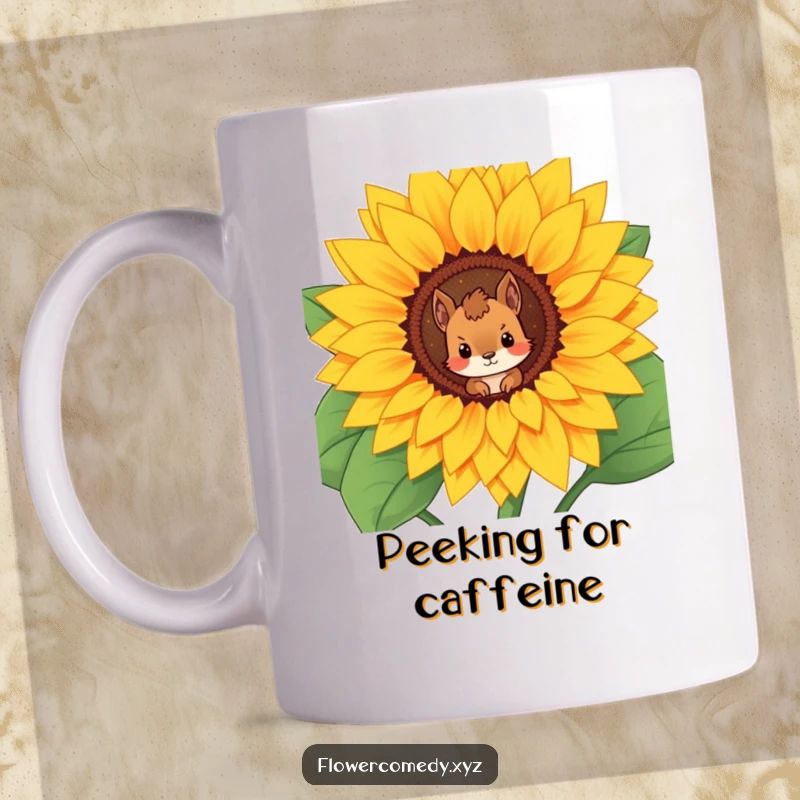 Funny squirrel mug featuring a curious squirrel character peering from inside a giant, blooming sunflower, embodying wonder and nature.