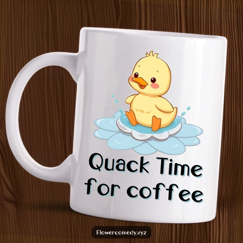Funny duckling mug, joyfully splashing in a flower-shaped puddle, radiating pure happiness and playful energy for a delightful gift.