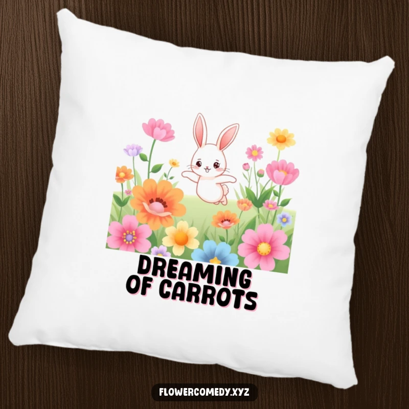 Funny pillow featuring a cute bunny character joyfully hopping through oversized flowers, offering comfort and a touch of spring.
