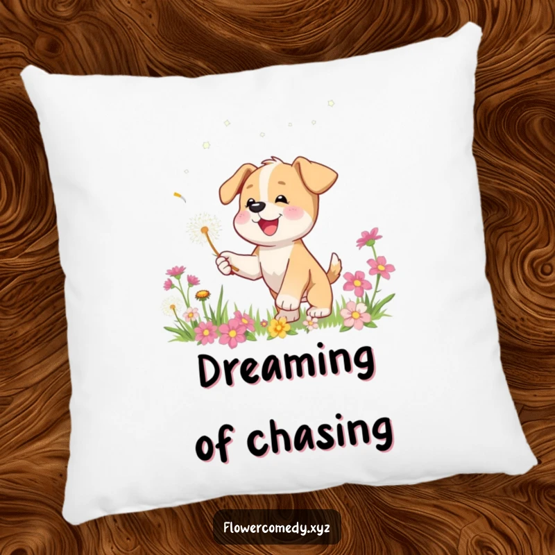 Funny pillow featuring a happy puppy character playfully chasing a dandelion seed through flowers, offering comfort and playful charm.