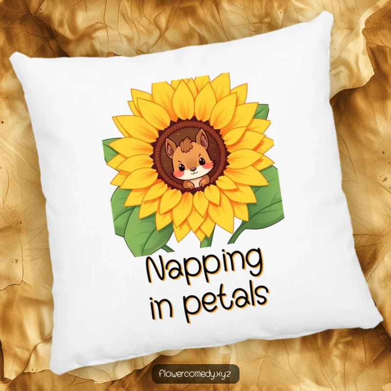 Funny pillow featuring a curious squirrel character peeking from a giant sunflower, offering comfort and natural charm.