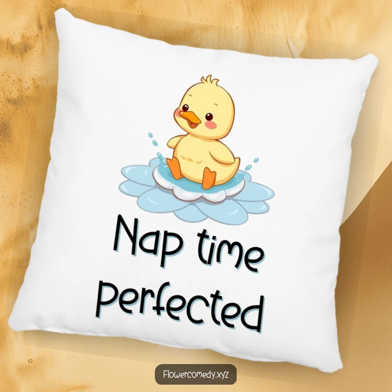 Funny duckling pillow, captured mid-splash in a flower-shaped puddle, offering comfort and a dose of cheerful delight, a cute funny gift.