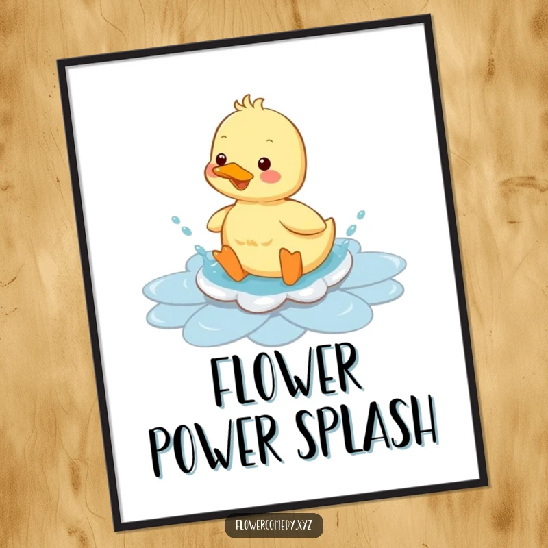 Funny duckling digital art print, depicted splashing in a flower puddle, radiating pure joy and playful energy, an instant funny gift.