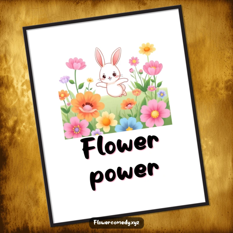 Funny digital art print of a cute bunny character joyfully hopping through a field of oversized, colorful flowers, perfect for instant display.