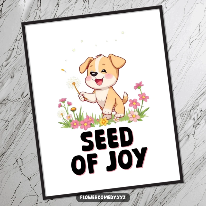 Funny digital art print of a happy puppy character playfully chasing a floating dandelion seed amidst colorful flowers, perfect for instant display.