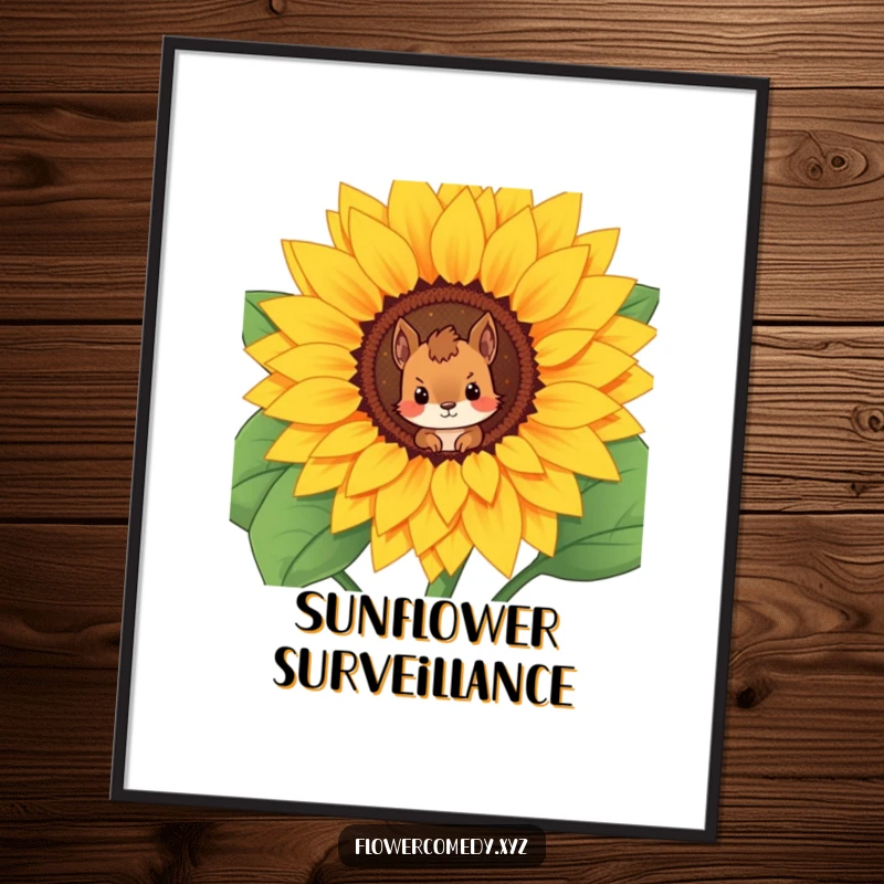 Funny digital art print of a curious squirrel character peering from inside a giant, blooming sunflower, perfect for instant display.
