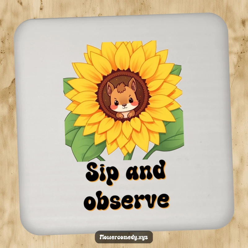 Funny drink coasters with a curious squirrel character peering from a giant sunflower, protecting surfaces with humor.