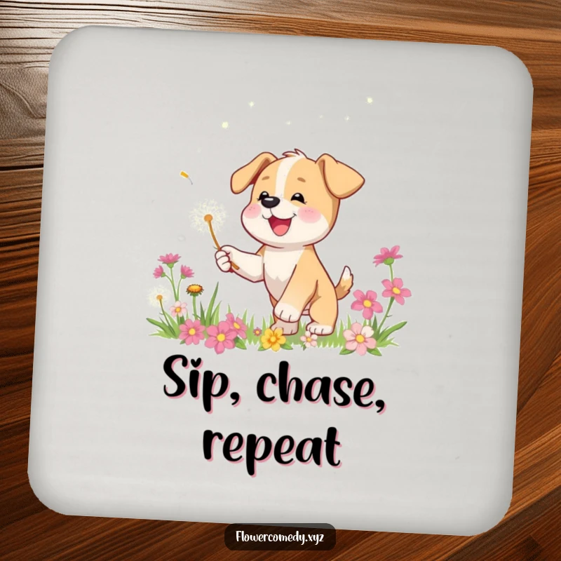 Funny drink coasters with a happy puppy character playfully chasing a dandelion seed among flowers, protecting surfaces with humor.