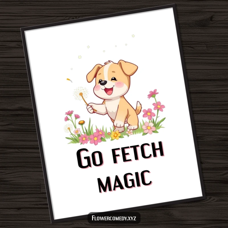 Funny poster print of a happy puppy character playfully chasing a floating dandelion seed amidst colorful flowers, bringing joy.