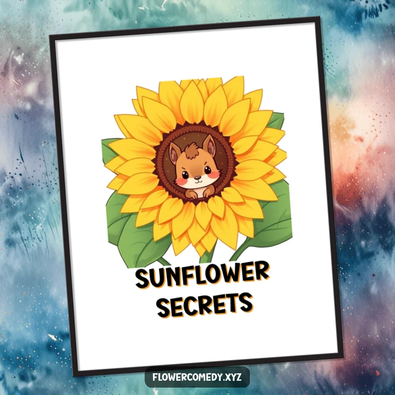 Funny poster print of a curious squirrel character peering from inside a giant, blooming sunflower, bringing natural wonder.