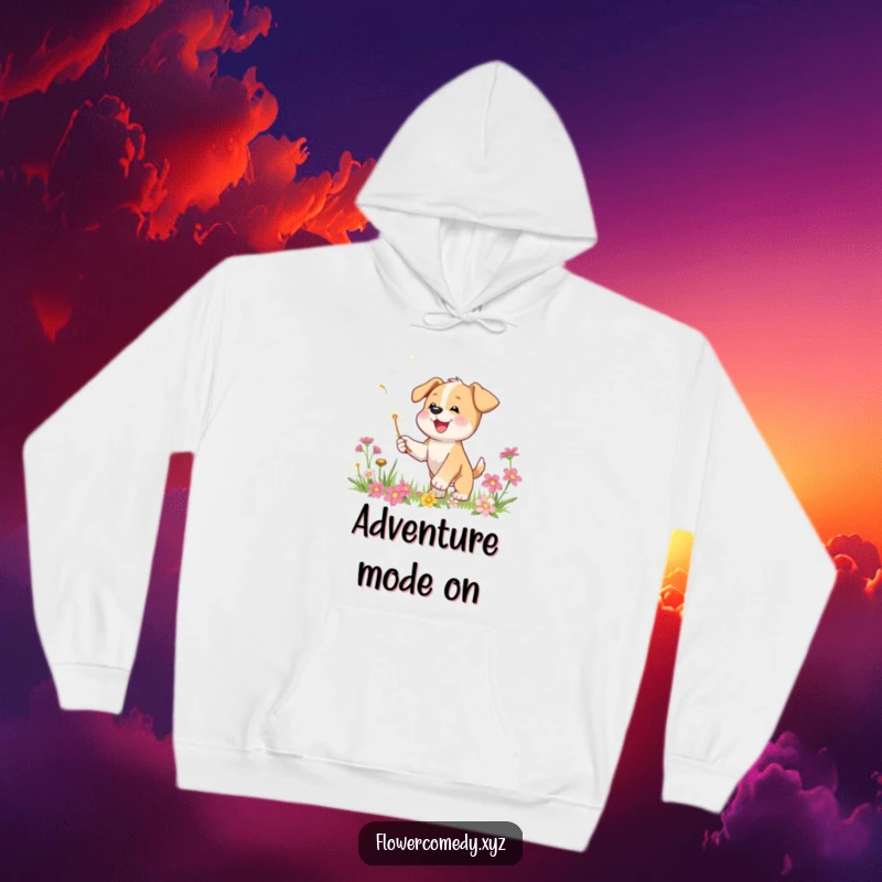 Funny hoodie featuring a happy puppy character playfully chasing a dandelion seed through flowers, offering warmth and charm.