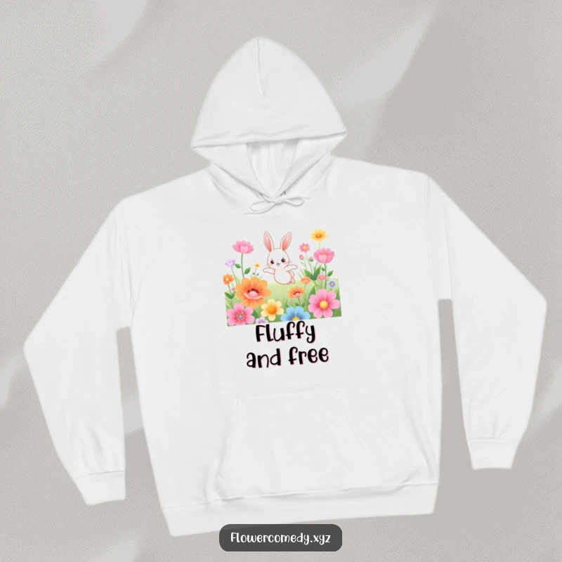 Funny hoodie featuring a cute bunny character hopping joyfully through oversized flowers, offering warmth and charm.