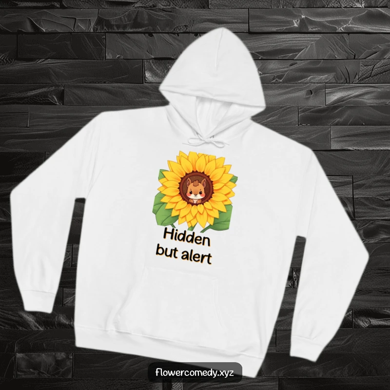Funny hoodie featuring a curious squirrel character peeking out from a giant sunflower, offering warmth and a touch of nature.