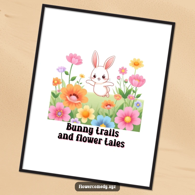 Free Printable cute bunny character joyfully hopping through oversized colorful flowers, perfect for downloadable art.