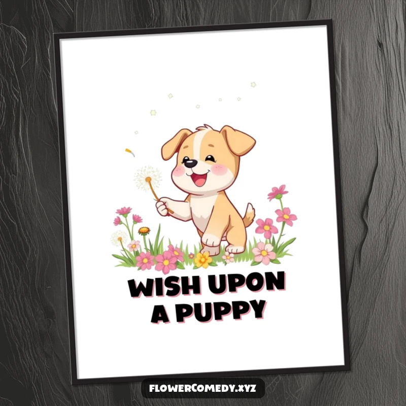 Free Printable happy puppy character playfully chasing a floating dandelion seed amongst flowers, perfect for downloadable art.