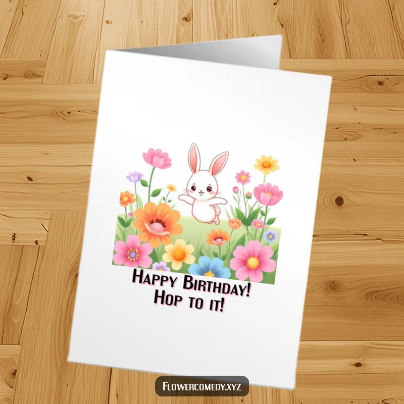 Free Printable cute bunny character joyfully hopping through oversized colorful flowers, perfect for a birthday gift.