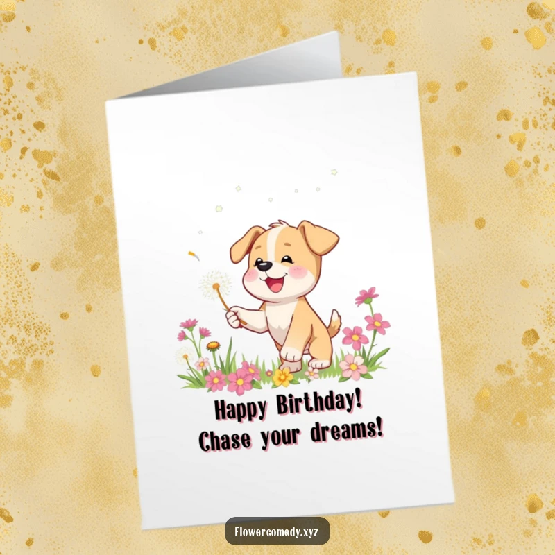 Free Printable happy puppy character chasing dandelion seed amongst flowers, perfect for a birthday gift.
