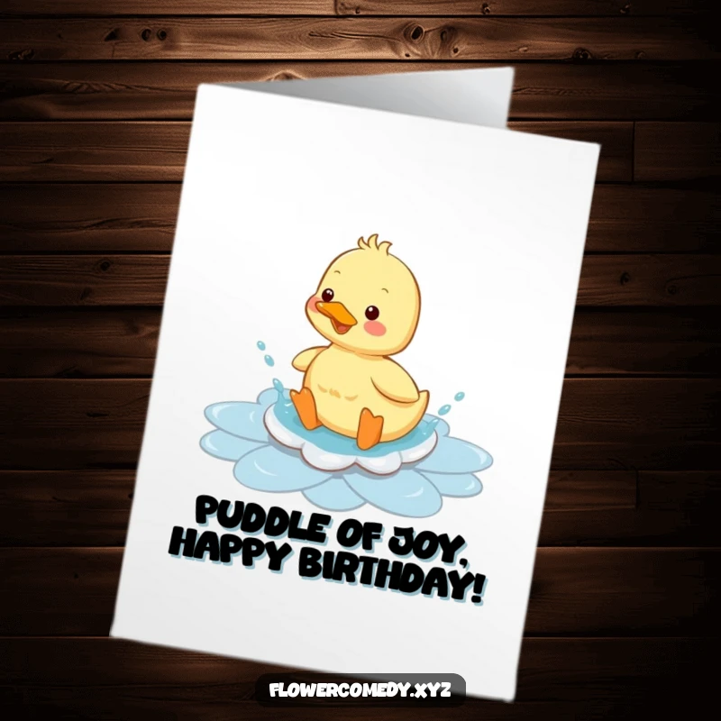 Funny Free Printable Birthday Card with a cheerful duckling joyfully splashing in a flower-shaped puddle, perfect for a fun celebration.