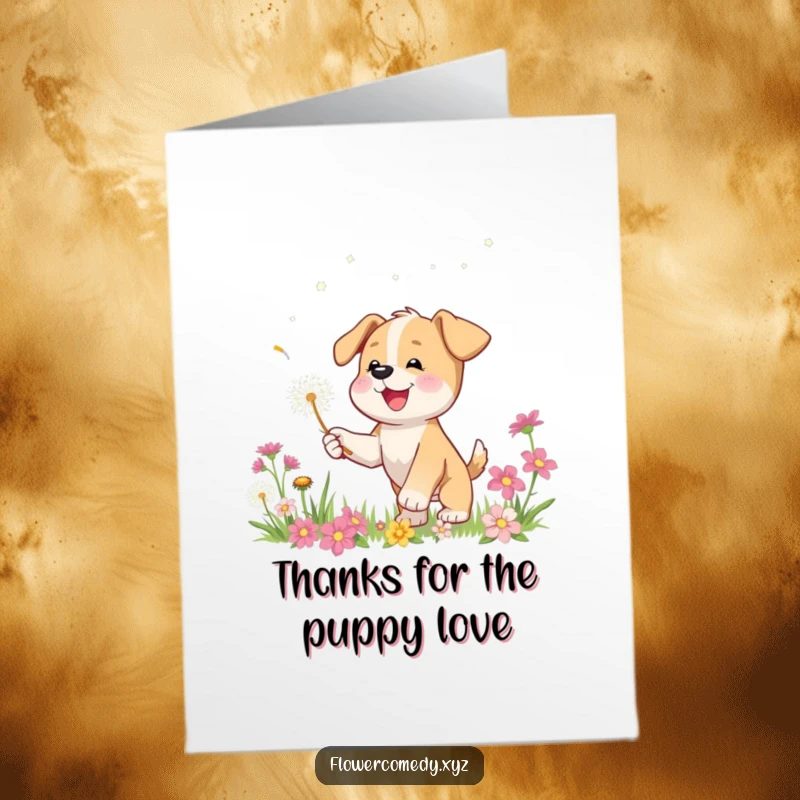 Free Printable happy puppy character chasing dandelion seed, perfect for a thank you gift.