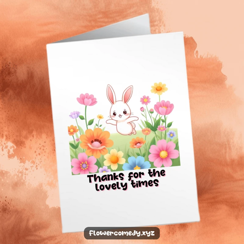 Free Printable cute bunny character hopping through flowers, perfect for a thank you gift.