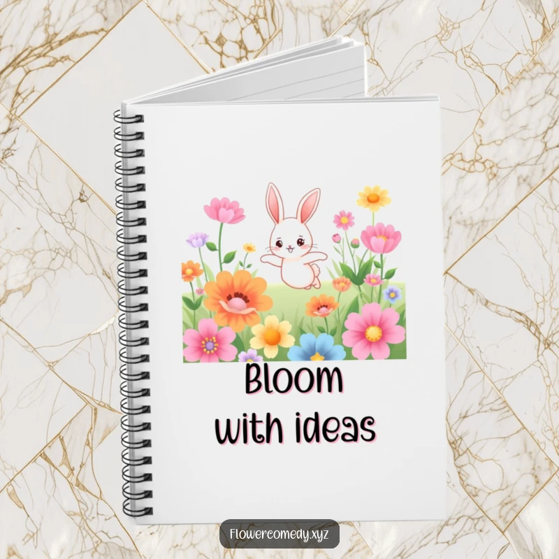 Funny notebook with a cute bunny character hopping through oversized flowers on the cover, perfect for notes and creative entries.