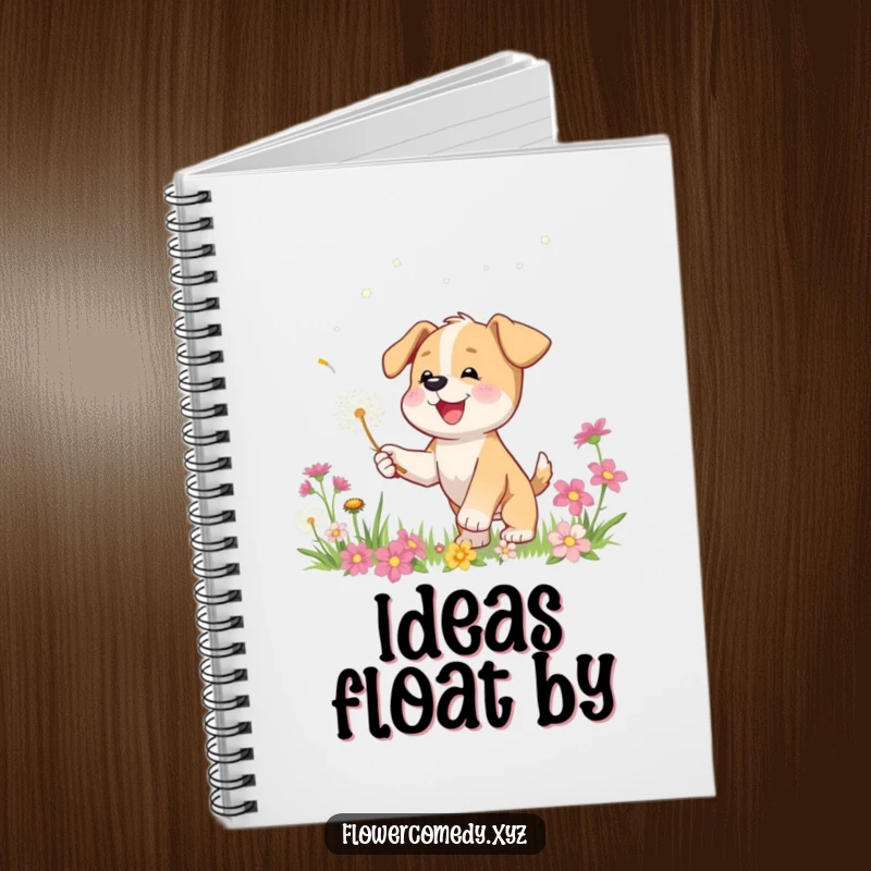 Funny notebook with a happy puppy character chasing a dandelion seed among flowers on the cover, perfect for notes and creative entries.