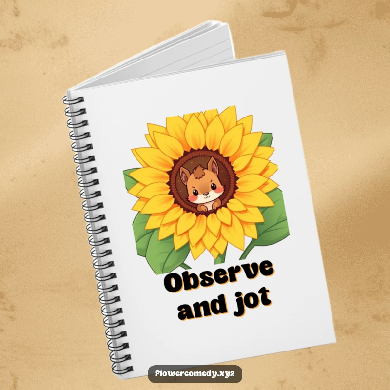 Funny notebook with a curious squirrel character peering from a giant sunflower on the cover, perfect for notes and creative entries.