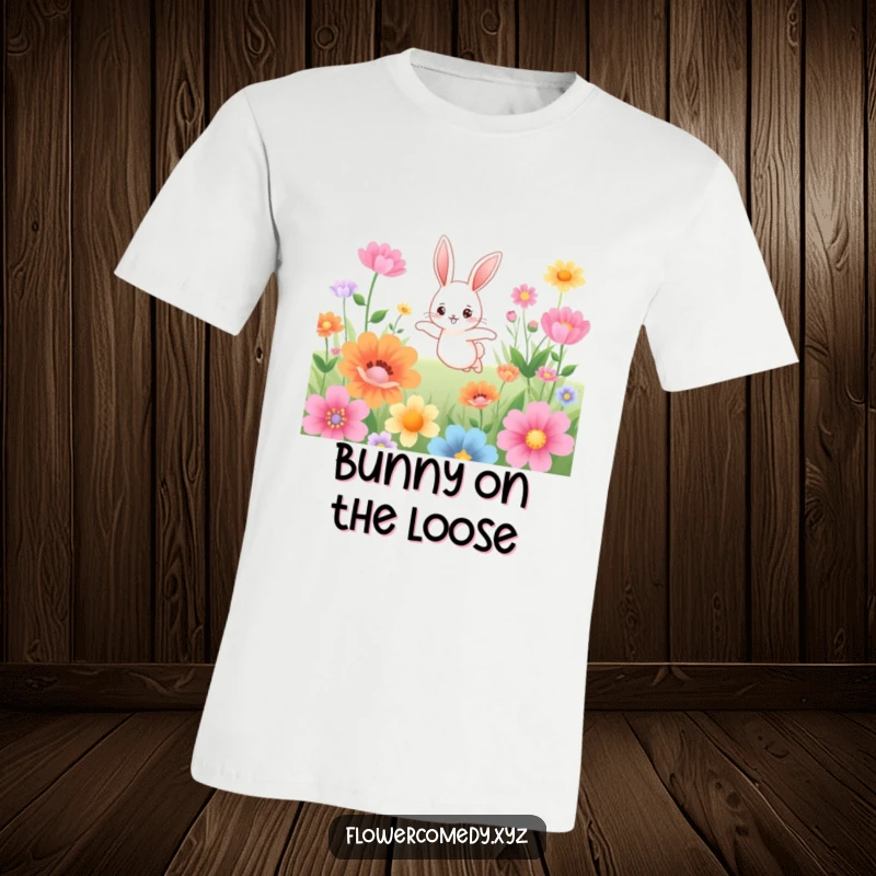Funny t-shirt with a cute bunny character happily hopping amidst large, colorful flowers, showcasing pure delight.