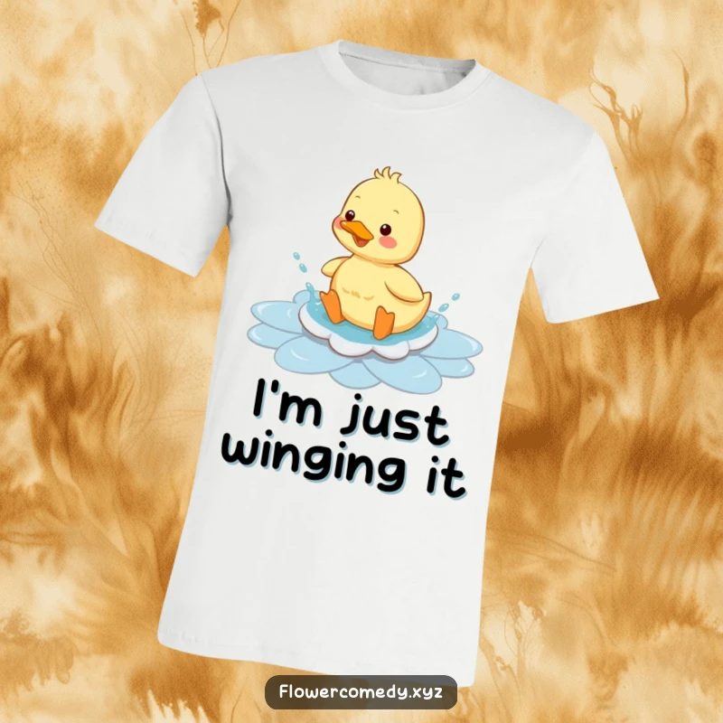 Funny duckling t-shirt, gleefully splashing in a flower puddle, embodying pure childhood joy and playful exuberance, a great gift.