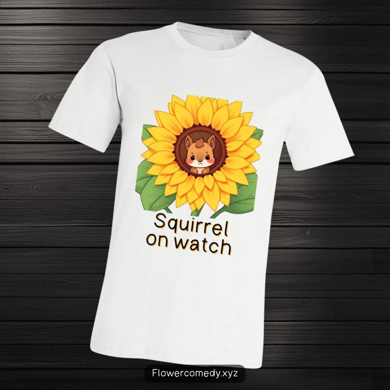 Funny t-shirt with a curious squirrel character peeking from a giant sunflower, showcasing a sense of discovery.