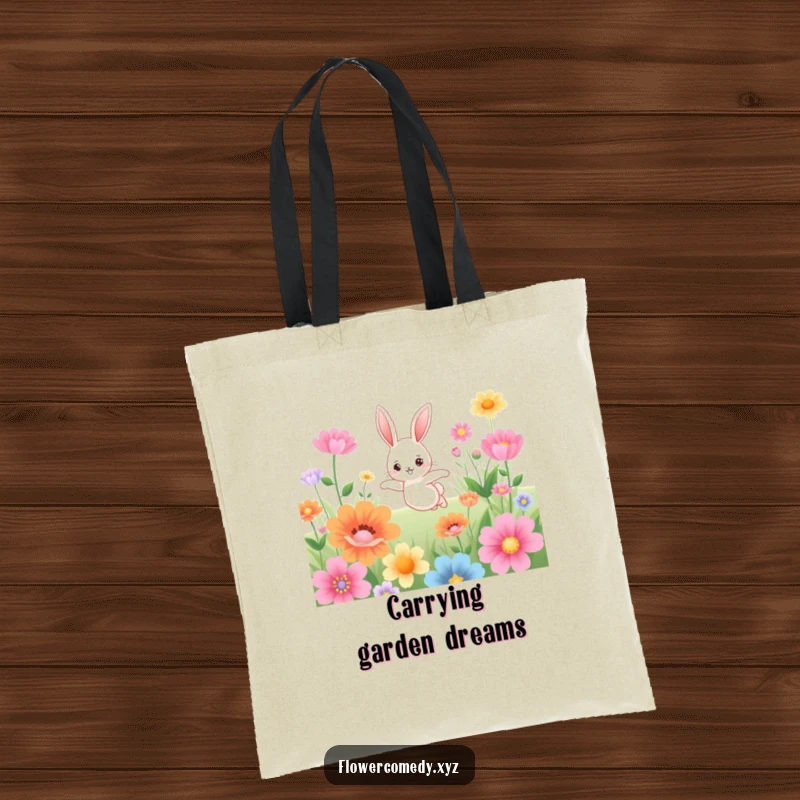 Funny tote bag with a cute bunny character joyfully hopping through a field of large, colorful flowers, great for everyday use.