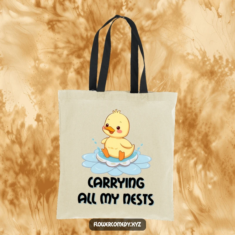 Funny duckling tote bag, depicted splashing in a flower-shaped puddle, radiating happiness and playful charm, a functional funny gift.