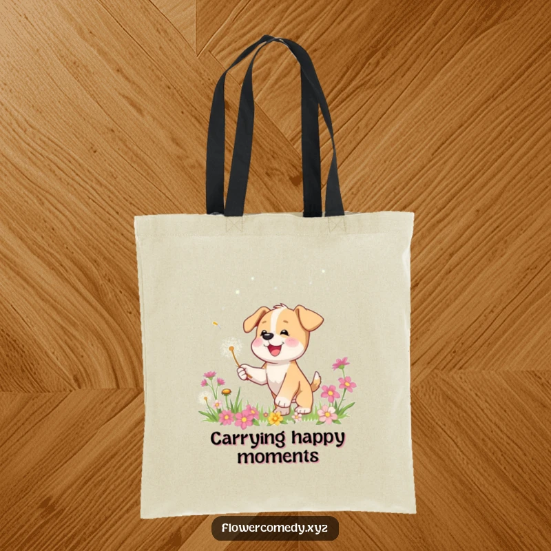Funny tote bag with a happy puppy character playfully chasing a dandelion seed among flowers, great for shopping or daily errands.