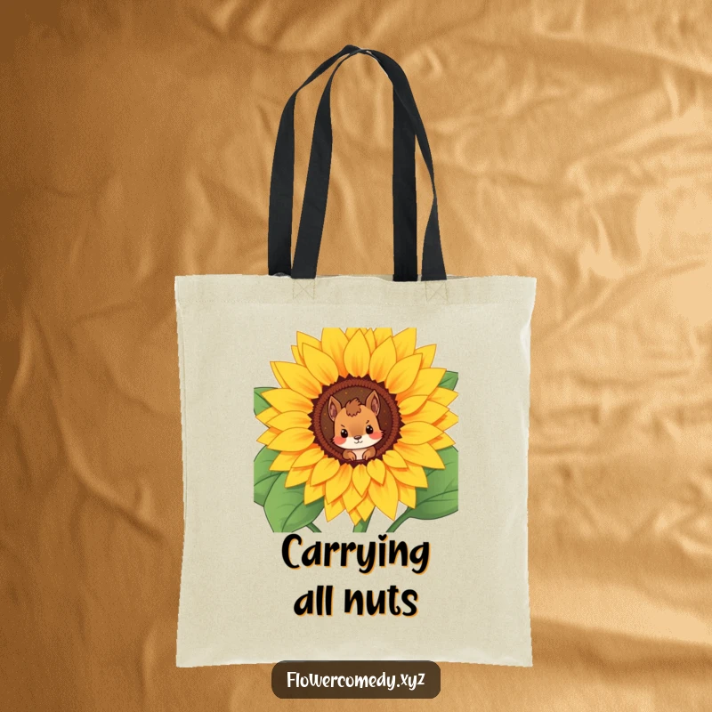 Funny tote bag with a curious squirrel character peering from a giant sunflower, great for shopping or daily errands.